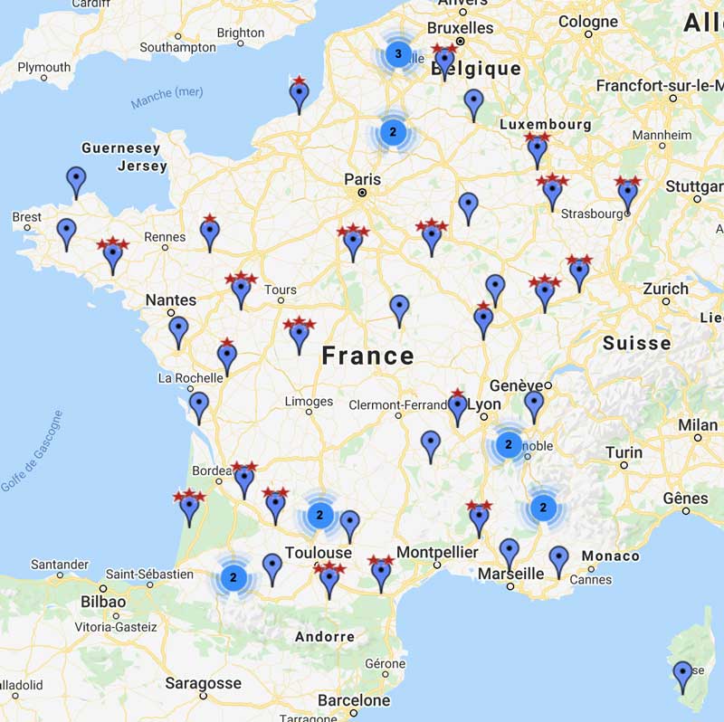 Carte de France situant les écoles de saut en parachute sur le territoire.