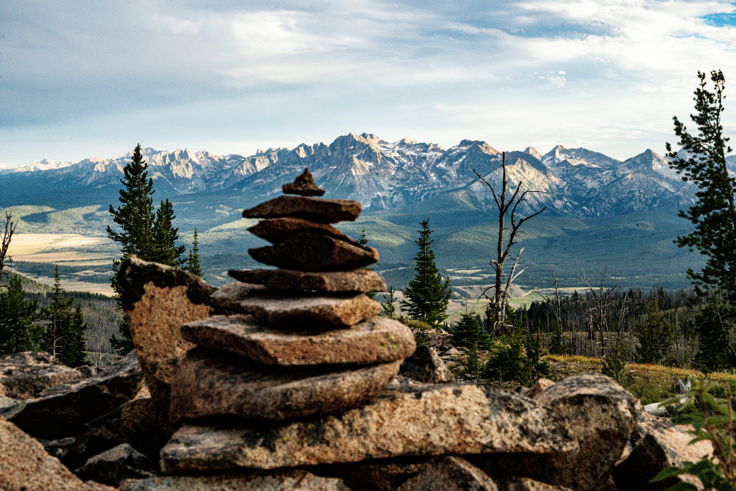 Gros plan sur un cairn devant un paysage composé d'une forêt de pins et de hautes montagnes enneigées à l'horizon.