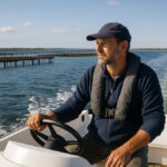 Homme pilotant un bateau en mer, illustrant l’obtention du permis bateau avec un financement via le CPF.